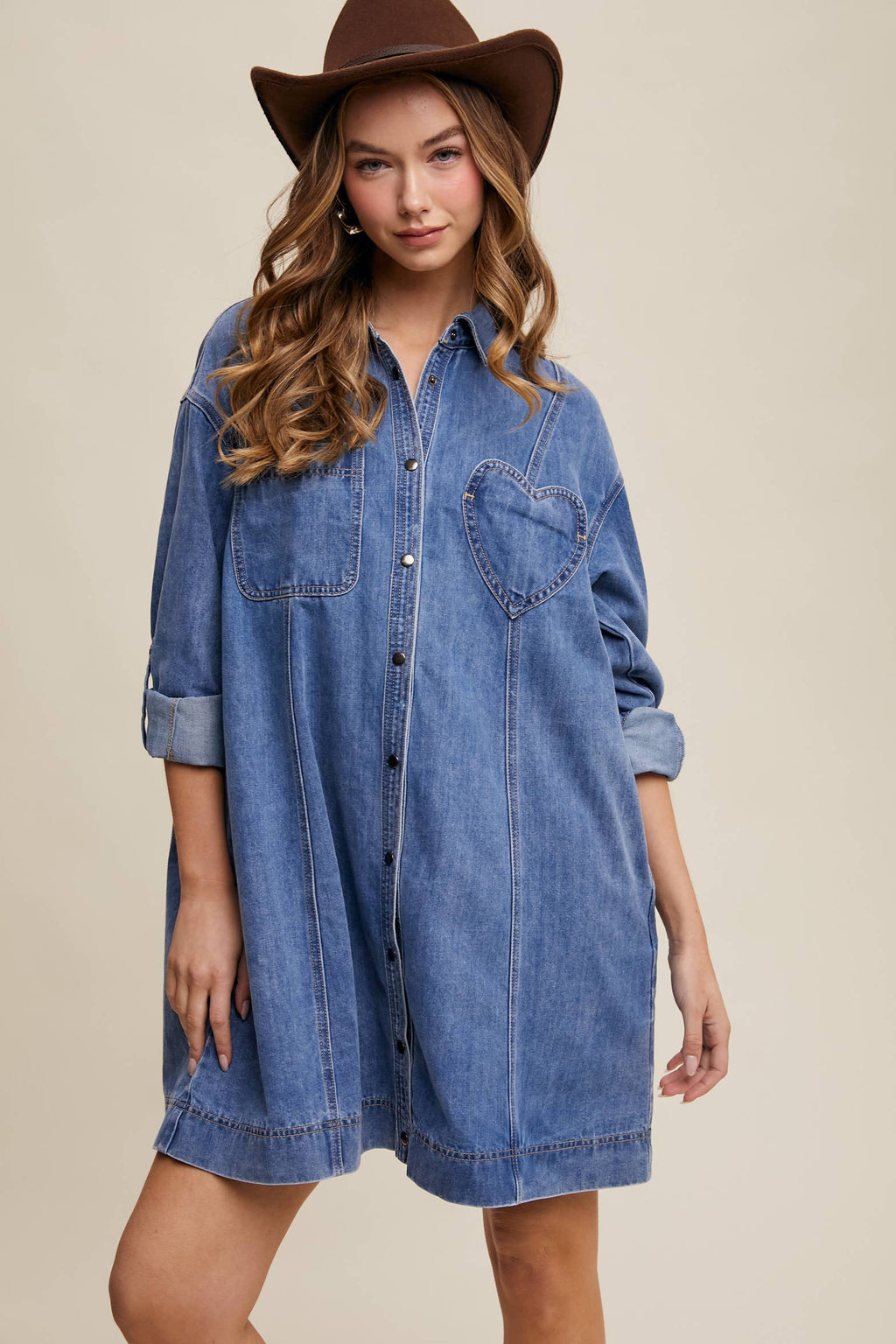 Denim Heart-Pocket Shirt Dress