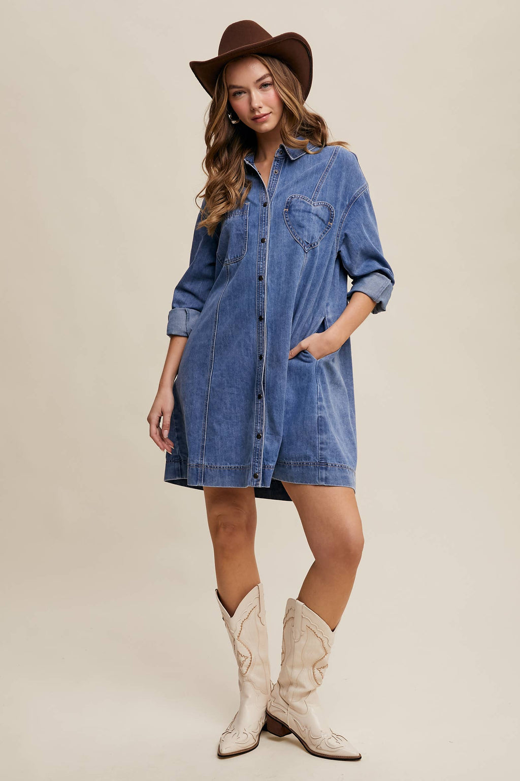 Denim Heart-Pocket Shirt Dress