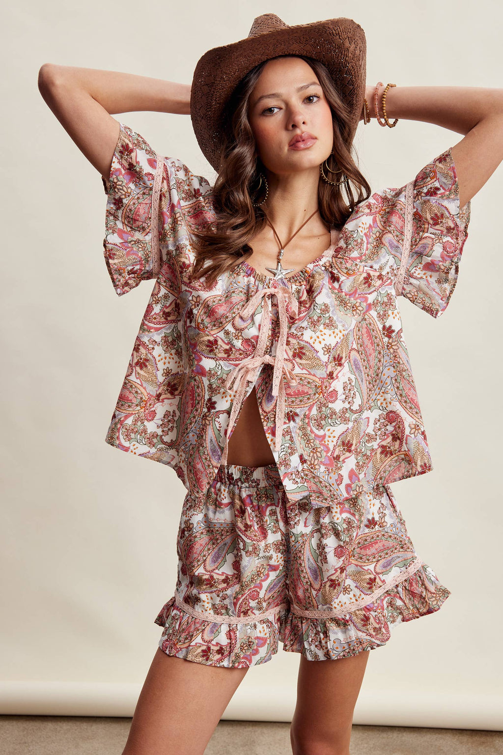 Paisley Lace-Trim Shorts Set