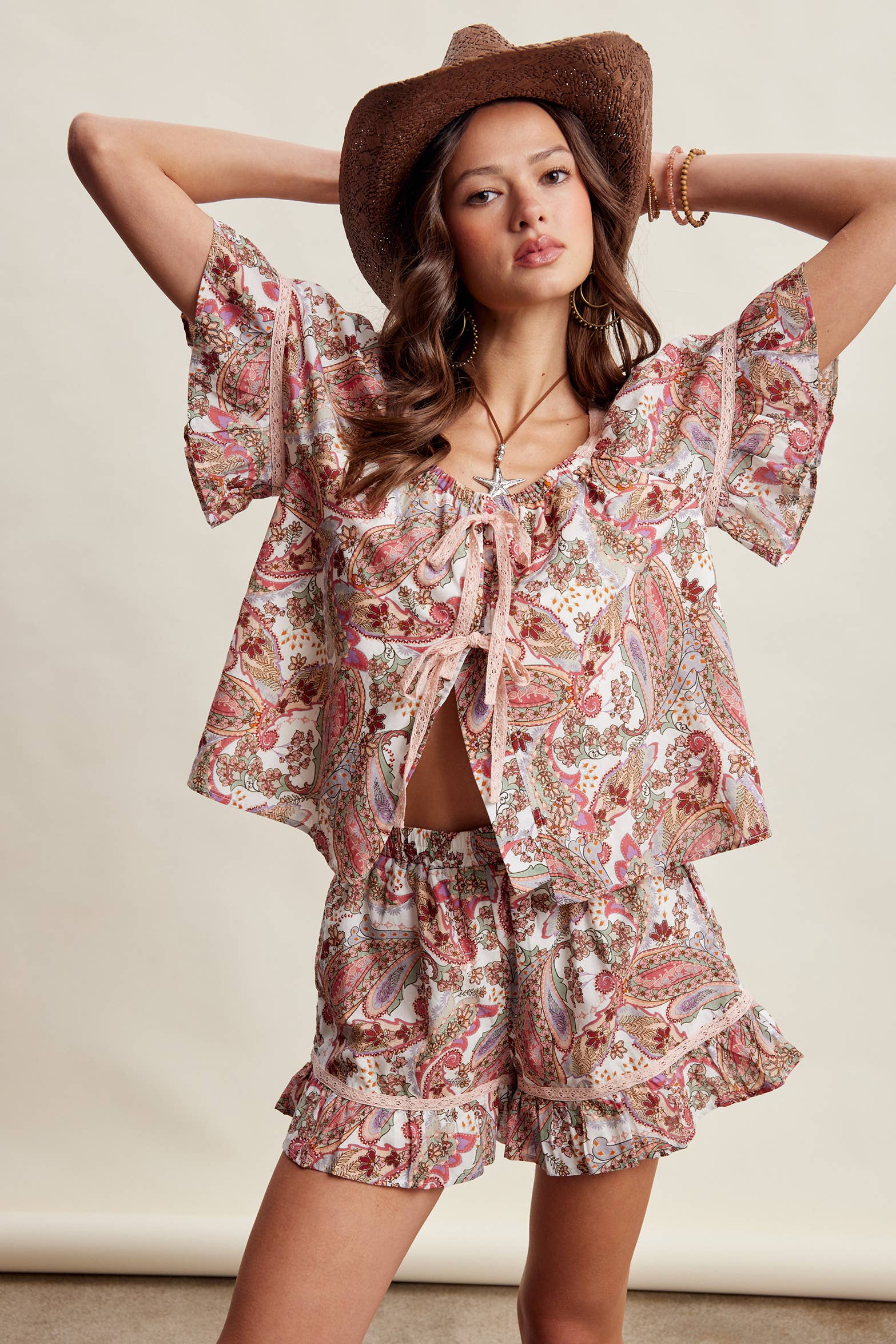 Paisley Lace-Trim Shorts Set