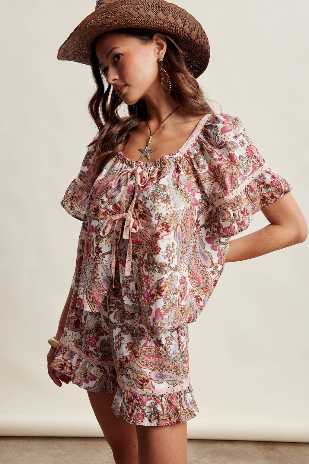 Paisley Lace-Trim Shorts Set