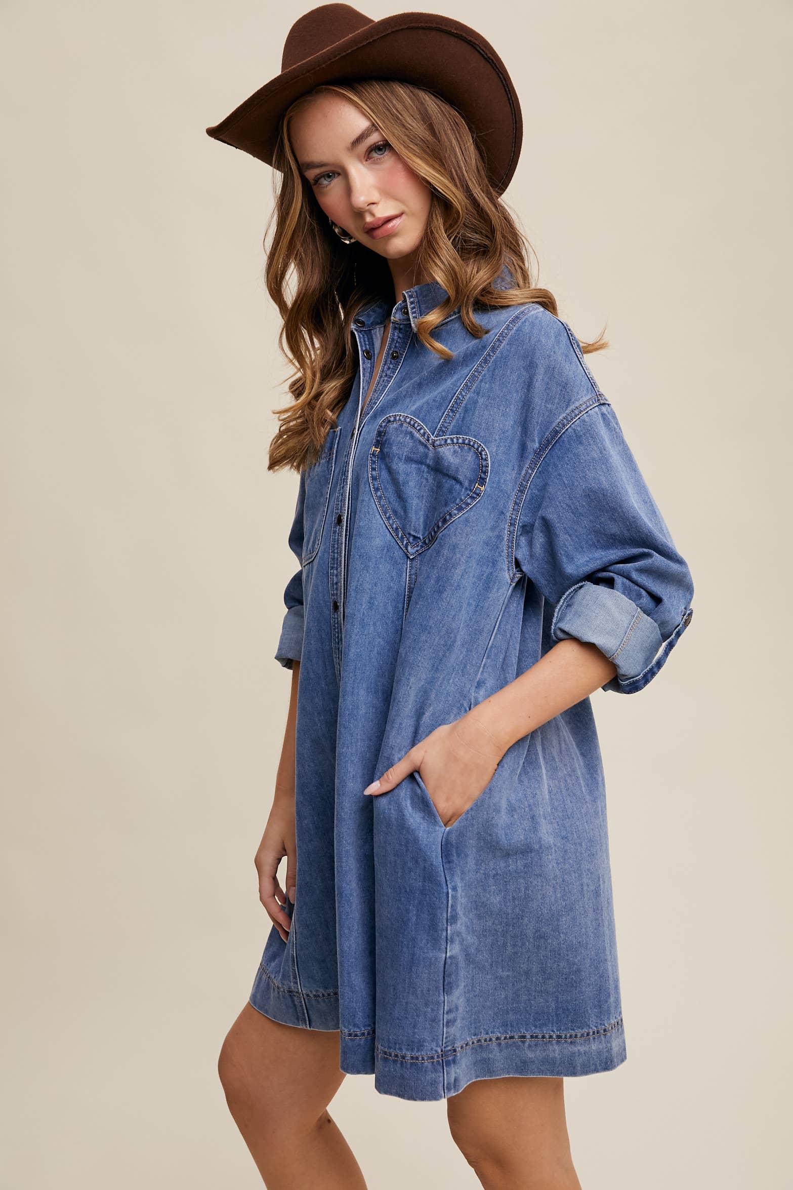 Denim Heart-Pocket Shirt Dress