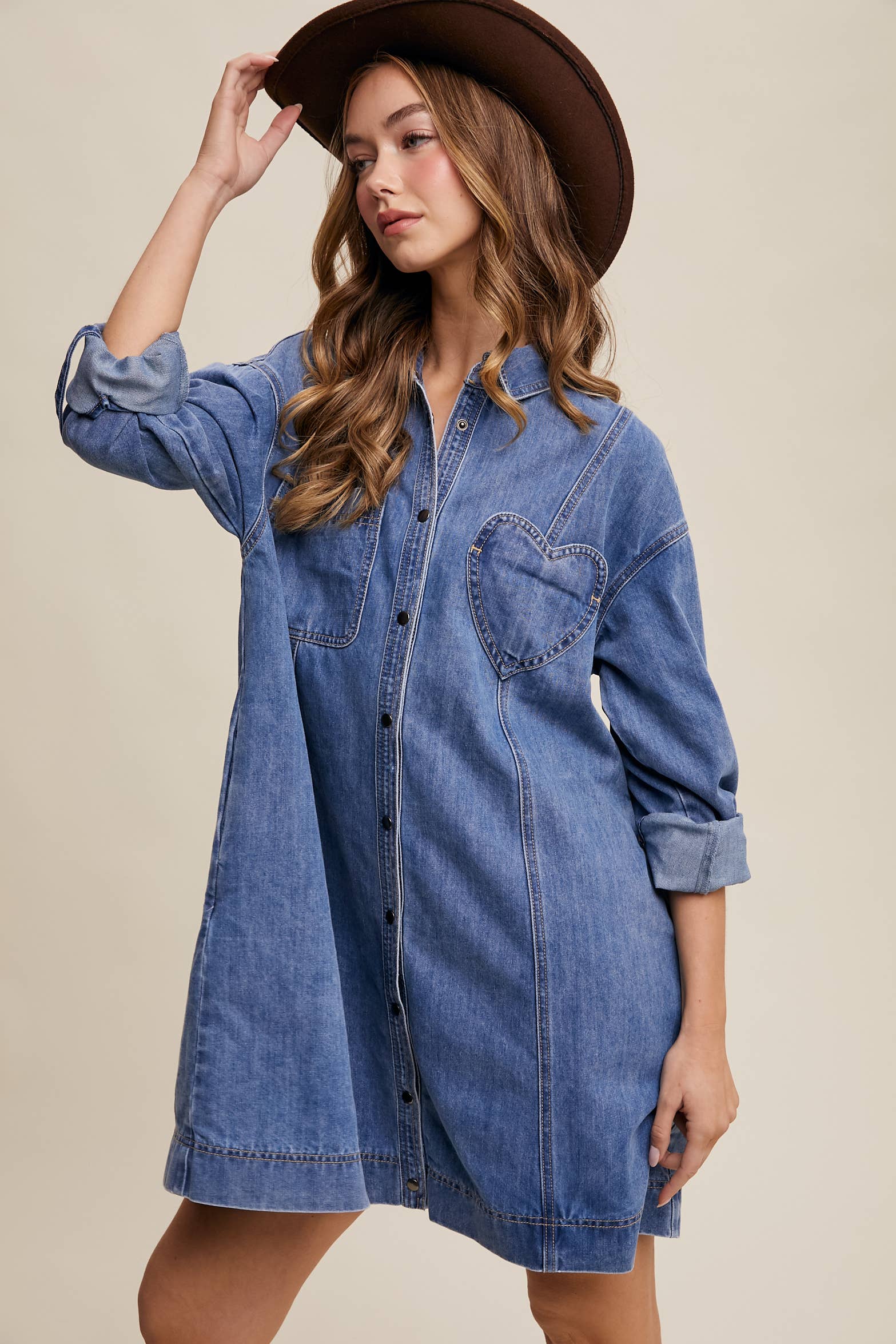 Denim Heart-Pocket Shirt Dress