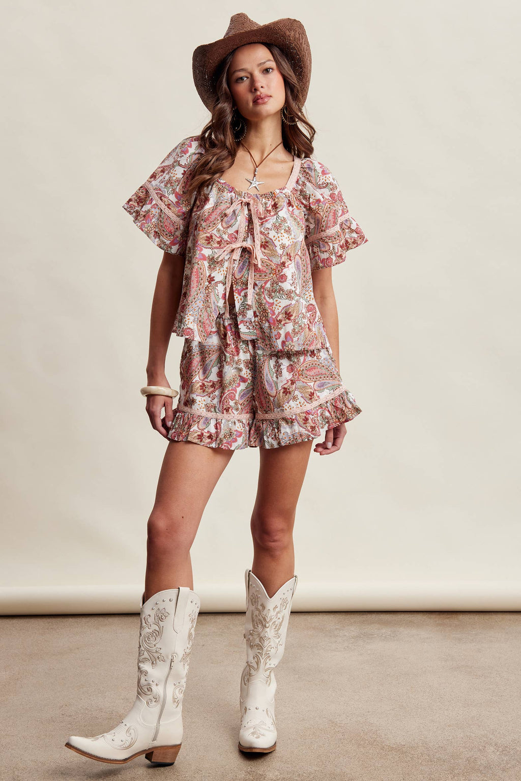 Paisley Lace-Trim Shorts Set