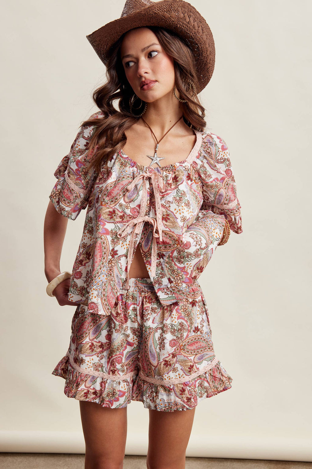 Paisley Lace-Trim Shorts Set