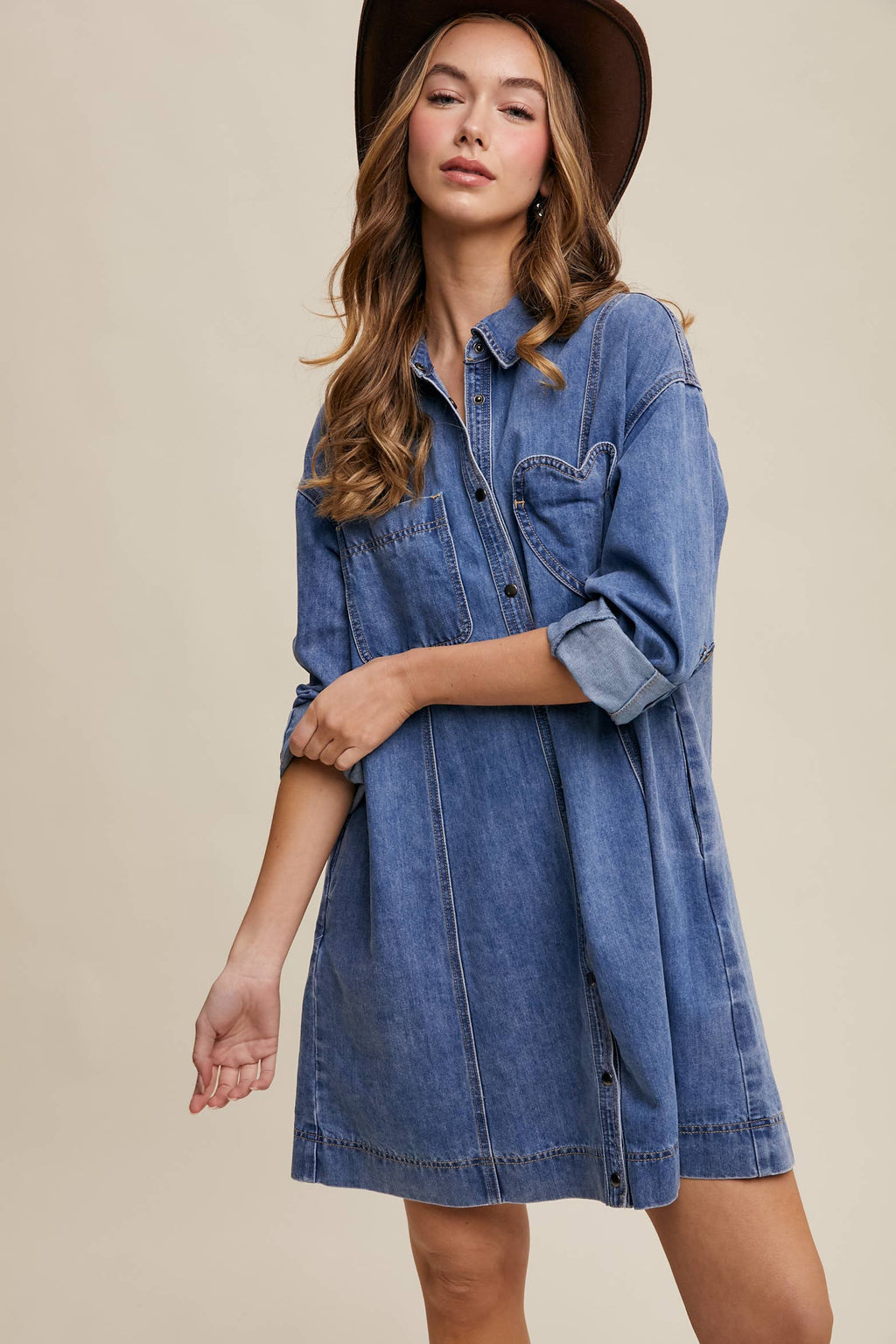 Denim Heart-Pocket Shirt Dress
