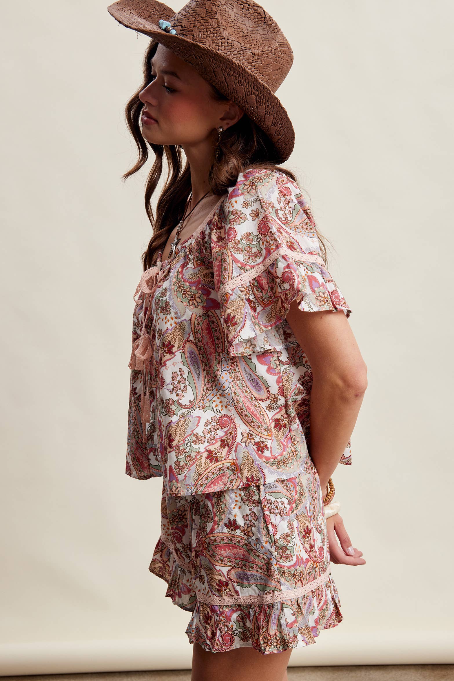 Paisley Lace-Trim Shorts Set