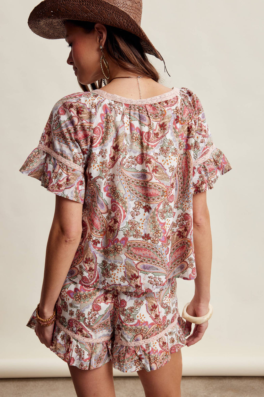 Paisley Lace-Trim Shorts Set