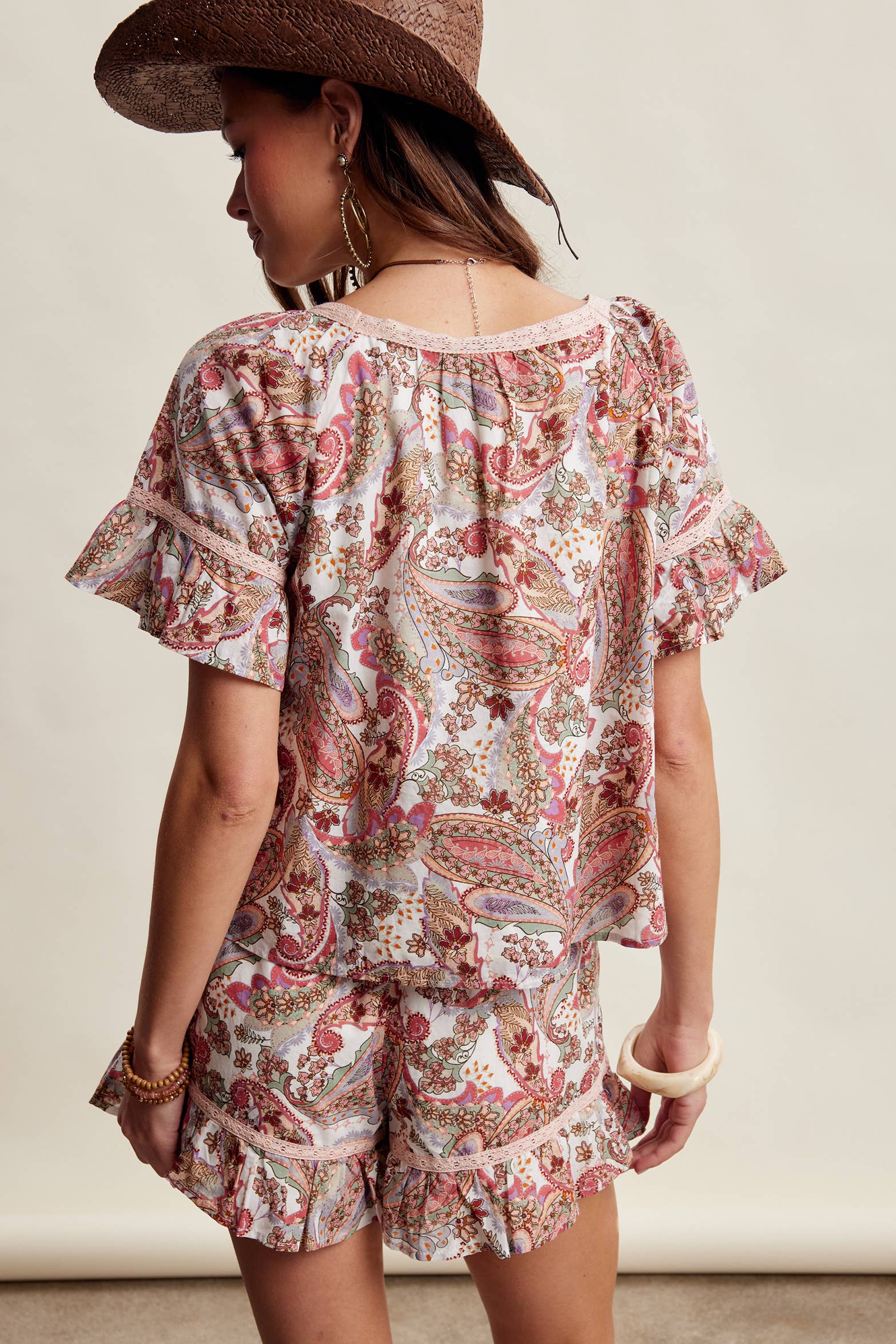 Paisley Lace-Trim Shorts Set