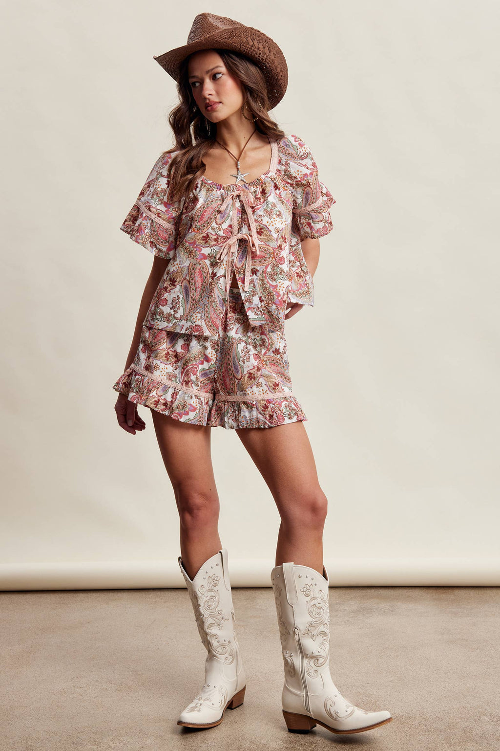 Paisley Lace-Trim Shorts Set