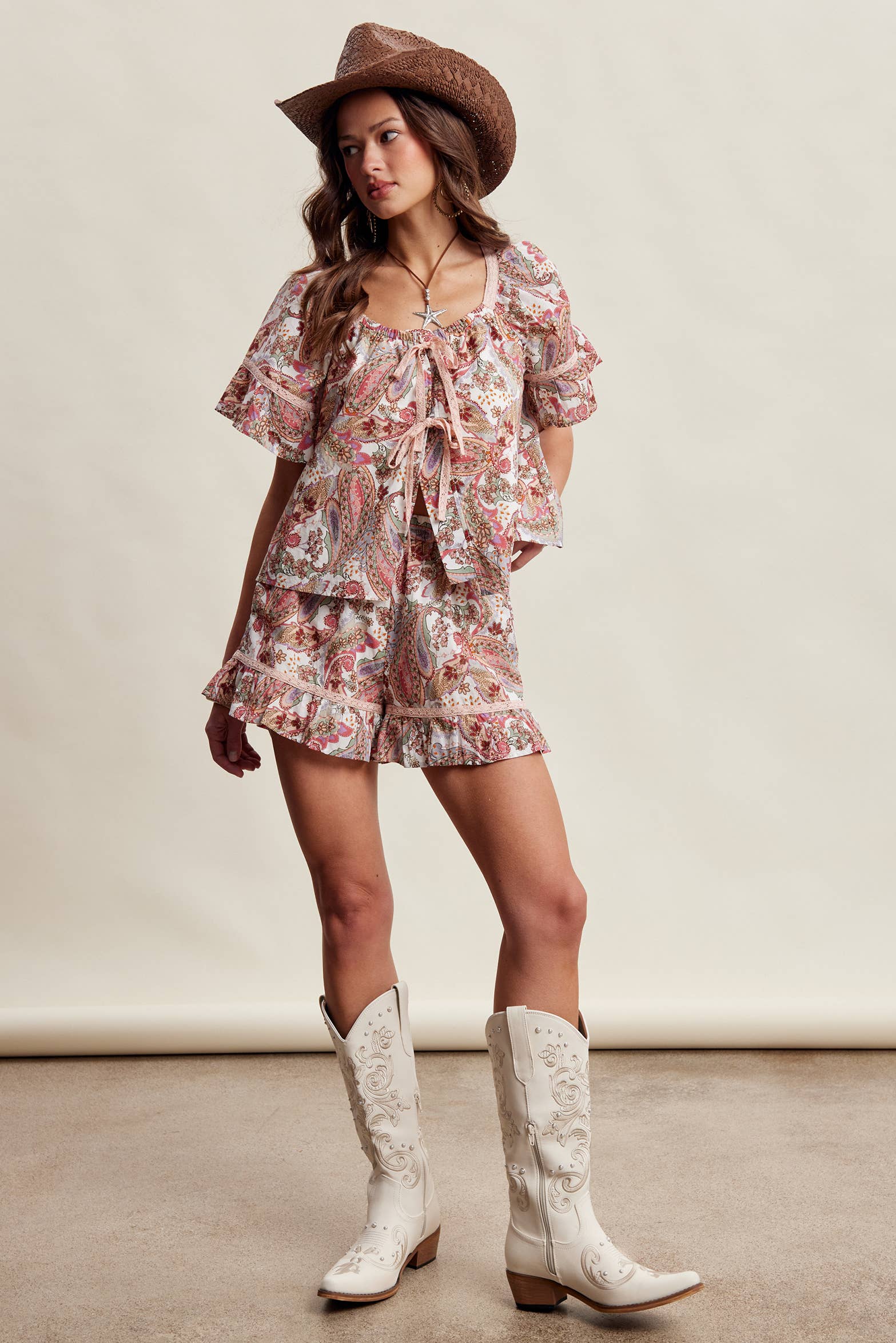 Paisley Lace-Trim Shorts Set