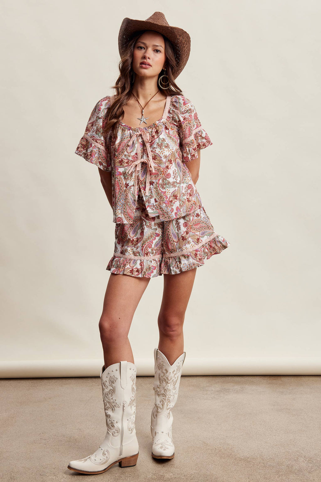 Paisley Lace-Trim Shorts Set